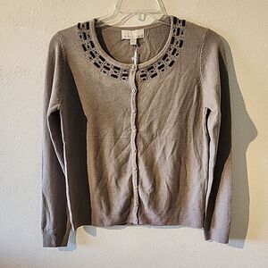 Carolyn Taylor Gray Womens Long Sleeve Cardigan Sweater Petite Medium Beaded New